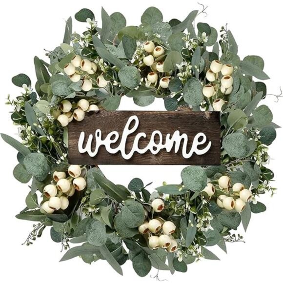 Green Artificial Eucalyptus Wreath with Welcome Sign 20in Spring Summer Wreath - Picture 7 of 7